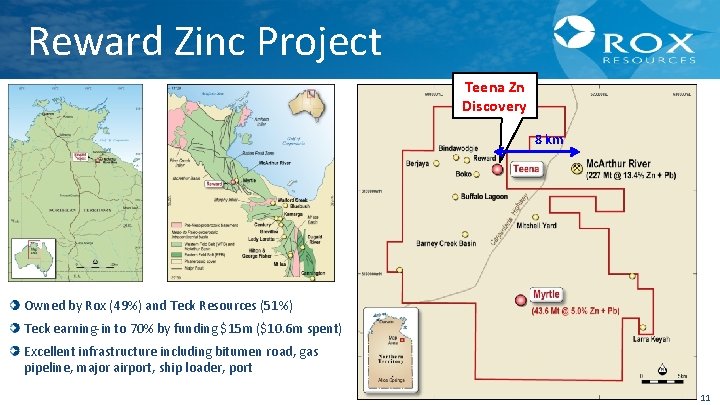 Reward Zinc Project Teena Zn Discovery 8 km Owned by Rox (49%) and Teck