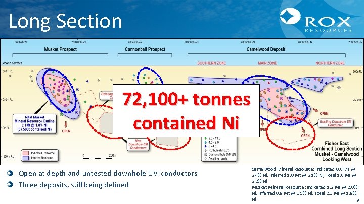 Long Section 72, 100+ tonnes contained Ni Open at depth and untested downhole EM