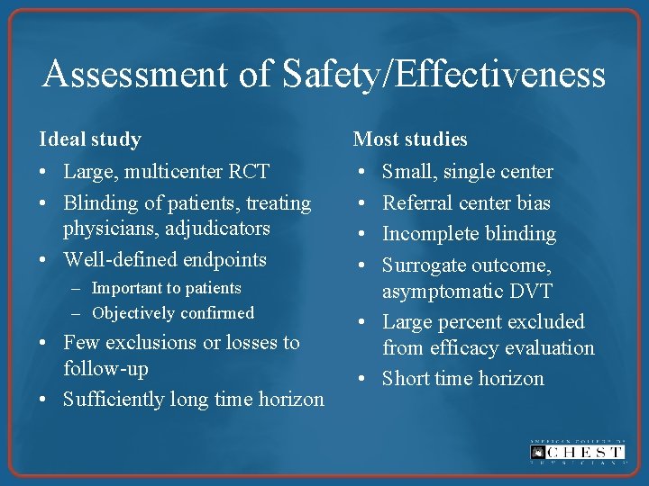 Assessment of Safety/Effectiveness Ideal study Most studies • Large, multicenter RCT • Blinding of