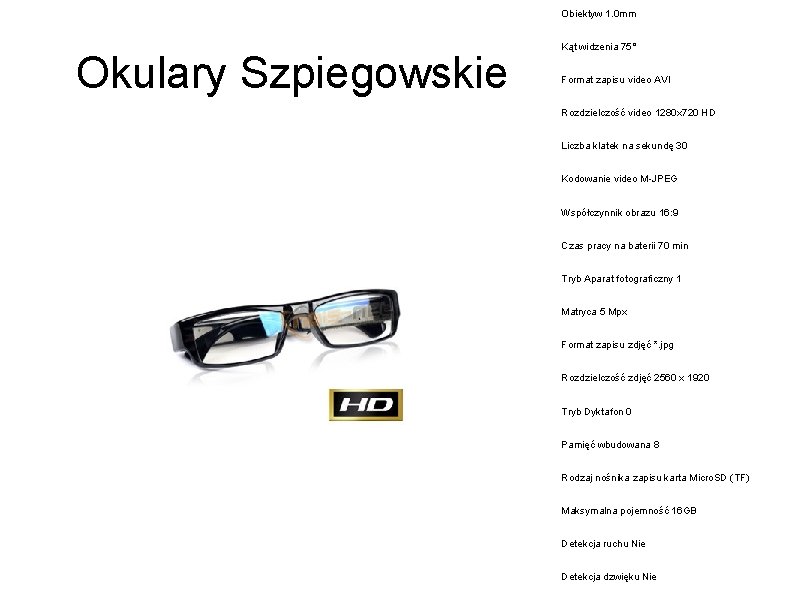 Obiektyw 1. 0 mm Okulary Szpiegowskie Kąt widzenia 75° Format zapisu video AVI Rozdzielczość