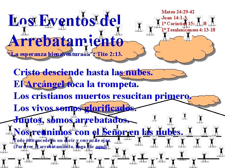 Los Eventos del Arrebatamiento Mateo 24: 29 -42 Juan 14: 1 -3 1ª Corintios