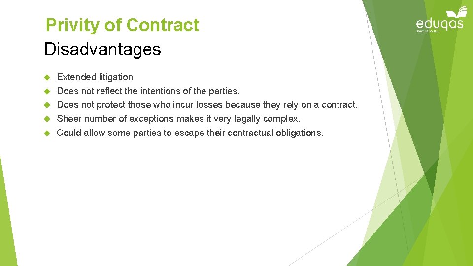 Privity of Contract Disadvantages Extended litigation Does not reflect the intentions of the parties.