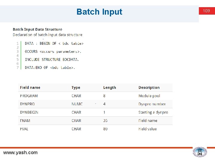 Batch Input www. yash. com 109 