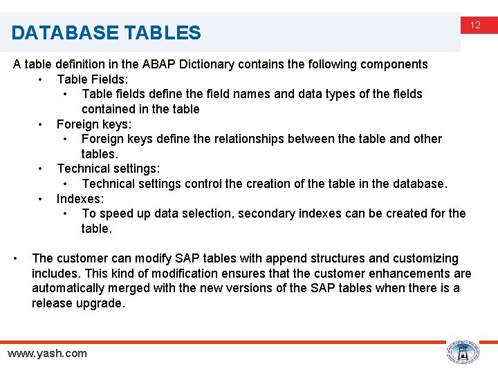 DATABASE TABLES 12 A table definition in the ABAP Dictionary contains the following components