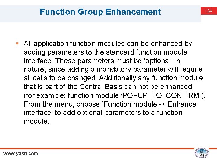 Function Group Enhancement 124 § All application function modules can be enhanced by adding