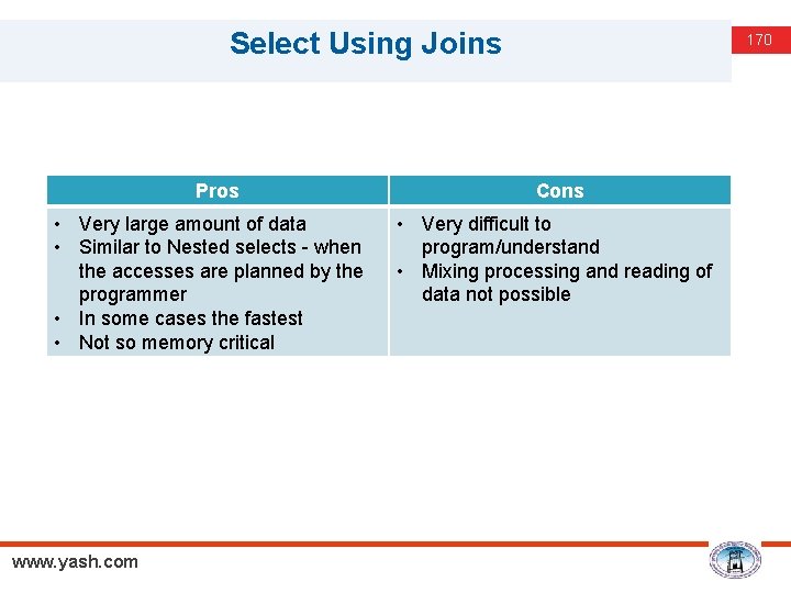 Select Using Joins Pros • Very large amount of data • Similar to Nested