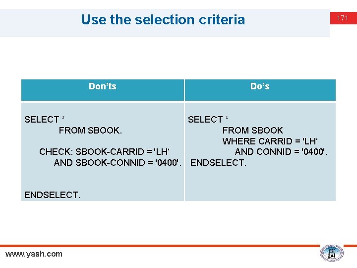 Use the selection criteria 171 Don’ts Do’s SELECT * FROM SBOOK. CHECK: SBOOK-CARRID =