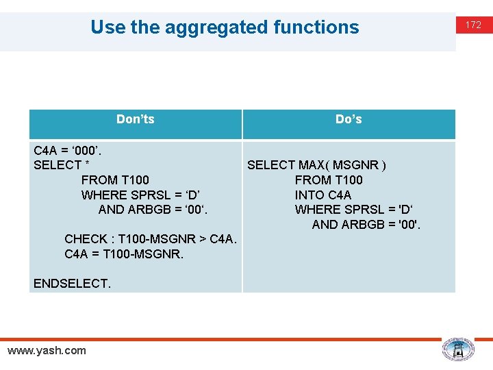 Use the aggregated functions Don’ts C 4 A = ‘ 000’. SELECT * FROM