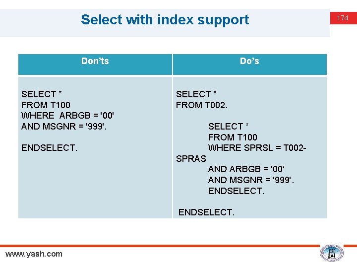 Select with index support Don’ts SELECT * FROM T 100 WHERE ARBGB = '00'