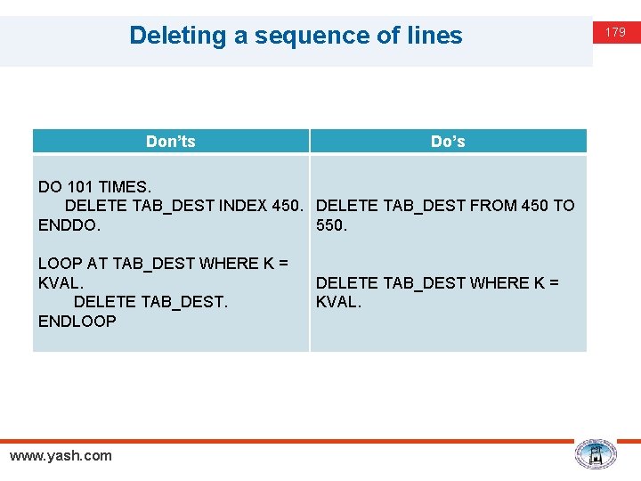 Deleting a sequence of lines Don’ts Do’s DO 101 TIMES. DELETE TAB_DEST INDEX 450.