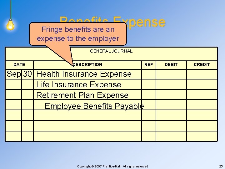 Benefits Expense Fringe benefits are an expense to the employer GENERAL JOURNAL DATE DESCRIPTION