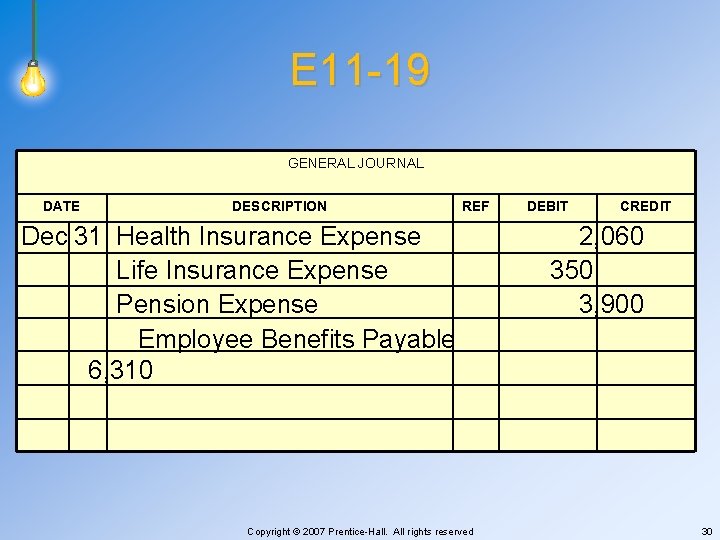 E 11 -19 GENERAL JOURNAL DATE DESCRIPTION REF Dec 31 Health Insurance Expense Life