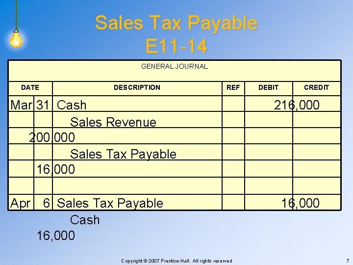 Sales Tax Payable E 11 -14 GENERAL JOURNAL DATE DESCRIPTION REF Mar 31 Cash