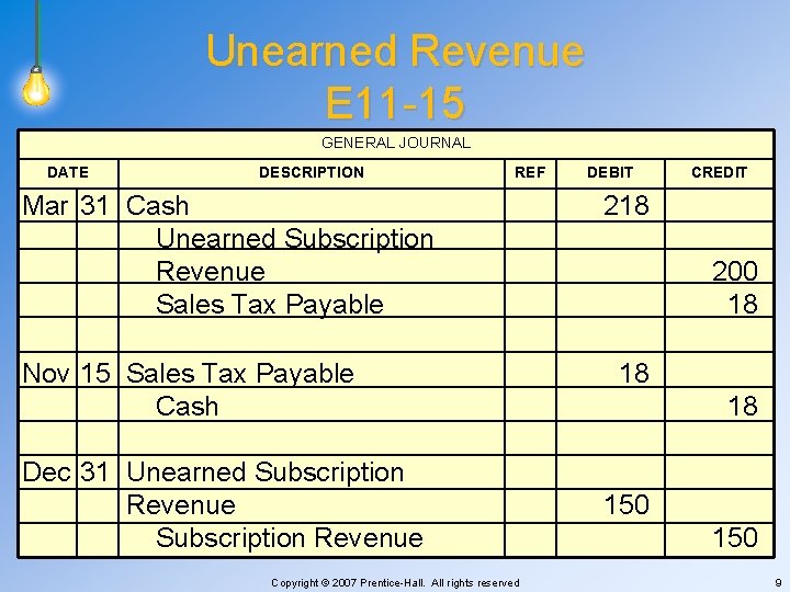 Unearned Revenue E 11 -15 GENERAL JOURNAL DATE DESCRIPTION REF Mar 31 Cash Unearned