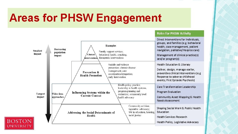 Areas for PHSW Engagement Roles for PHSW Activity Direct interventions for individuals, groups, and