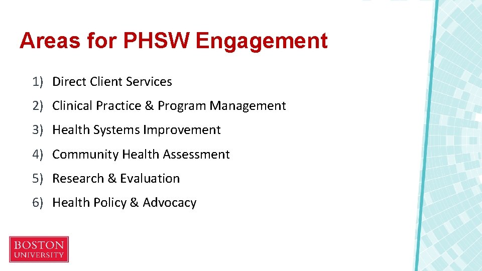 Areas for PHSW Engagement 1) Direct Client Services 2) Clinical Practice & Program Management