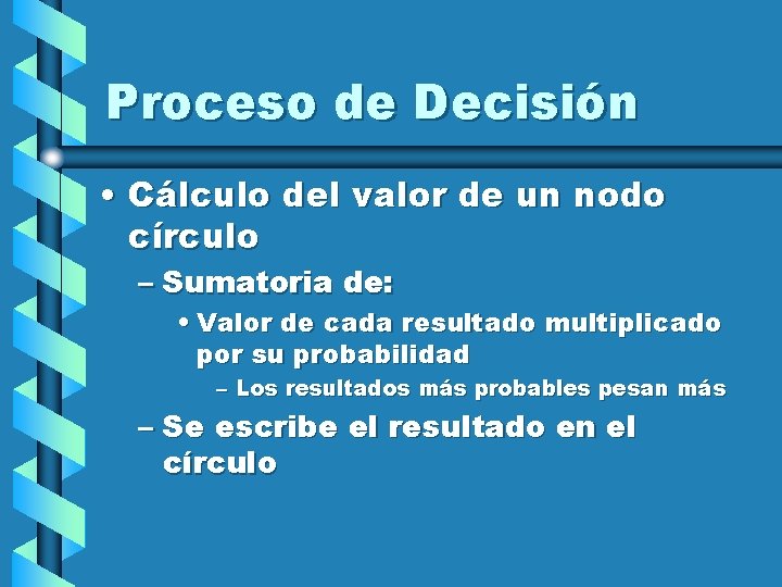 Proceso de Decisión • Cálculo del valor de un nodo círculo – Sumatoria de: