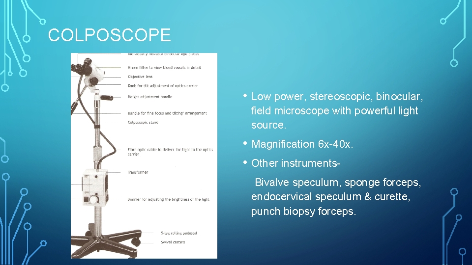 COLPOSCOPE • Low power, stereoscopic, binocular, field microscope with powerful light source. • Magnification