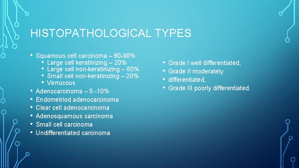 HISTOPATHOLOGICAL TYPES • • Squamous cell carcinoma – 80 -90% • Large cell keratinizing