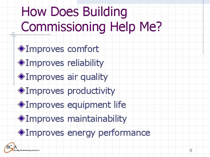 How Does Building Commissioning Help Me? Improves comfort Improves reliability Improves air quality Improves