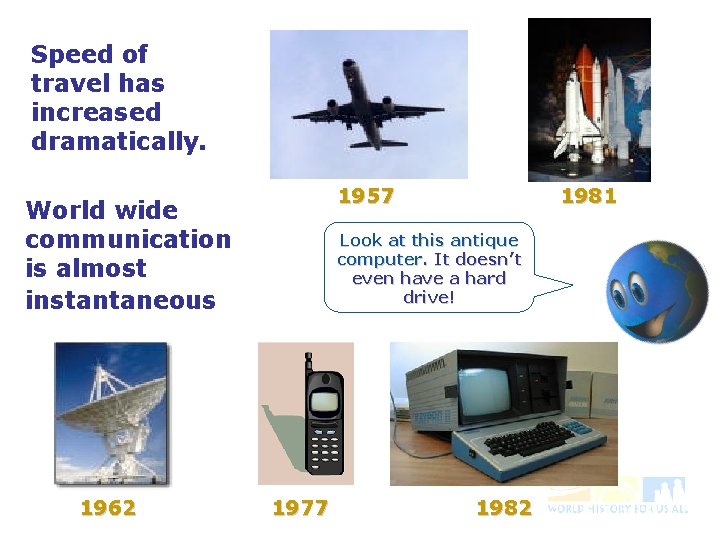 Speed of travel has increased dramatically. 1957 World wide communication is almost instantaneous 1962