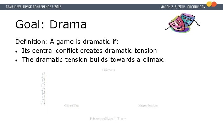 Goal: Drama Definition: A game is dramatic if: ● Its central conflict creates dramatic