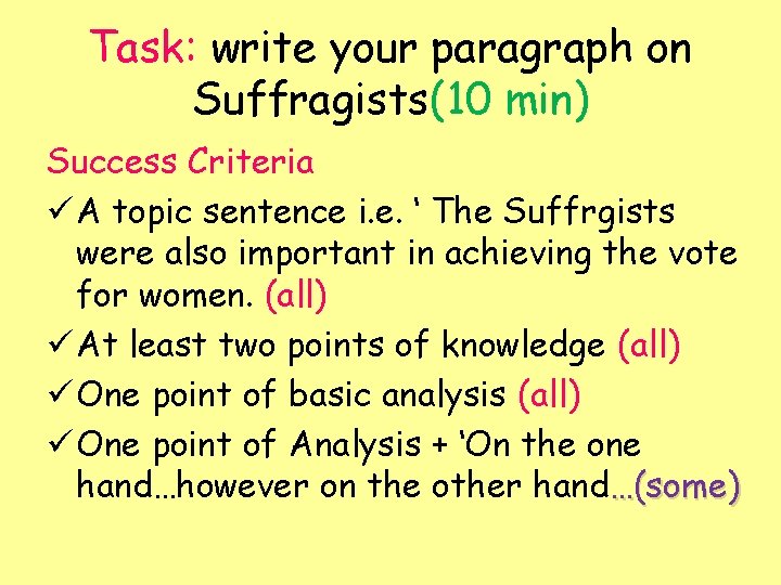 Task: write your paragraph on Suffragists(10 min) Success Criteria ü A topic sentence i.