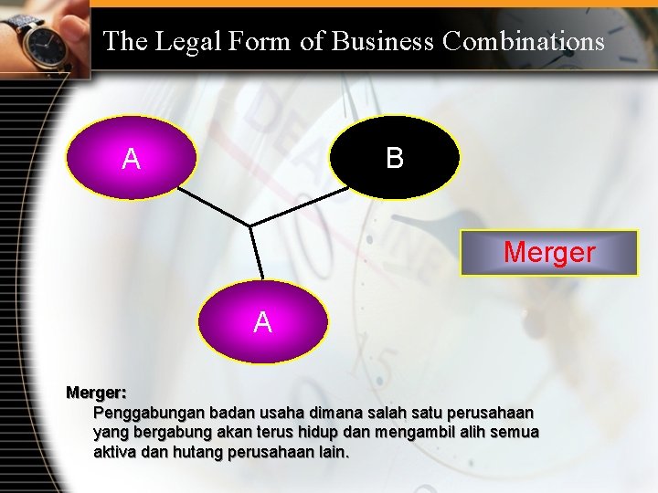 The Legal Form of Business Combinations B A Merger: Penggabungan badan usaha dimana salah