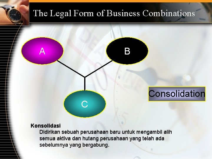 The Legal Form of Business Combinations A B Consolidation C Konsolidasi Didirikan sebuah perusahaan