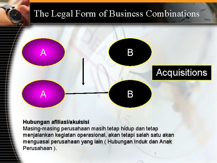 The Legal Form of Business Combinations A B Acquisitions A B Hubungan afiliasi/akuisisi Masing-masing