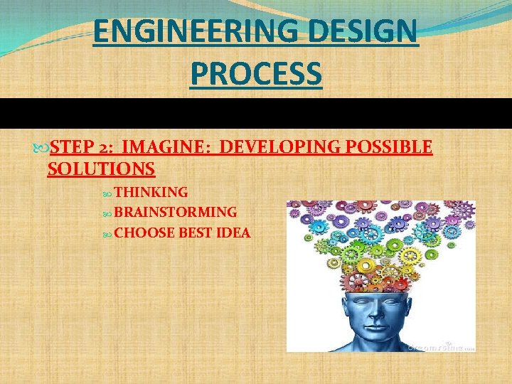 ENGINEERING DESIGN PROCESS STEP 2: IMAGINE: DEVELOPING POSSIBLE SOLUTIONS THINKING BRAINSTORMING CHOOSE BEST IDEA