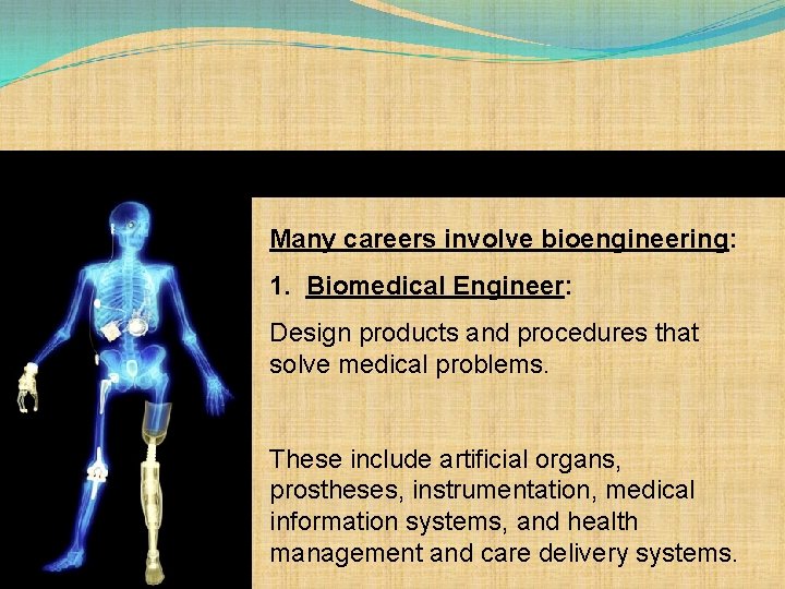 Many careers involve bioengineering: 1. Biomedical Engineer: Design products and procedures that solve medical