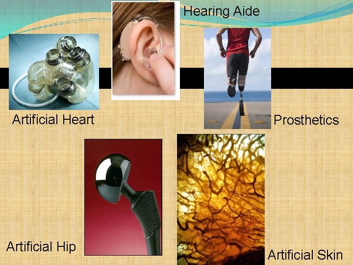 Hearing Aide Artificial Heart Artificial Hip Prosthetics Artificial Skin 