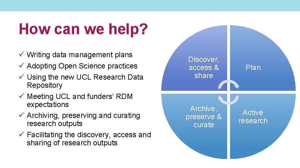 How can we help? ü Writing data management plans ü Adopting Open Science practices