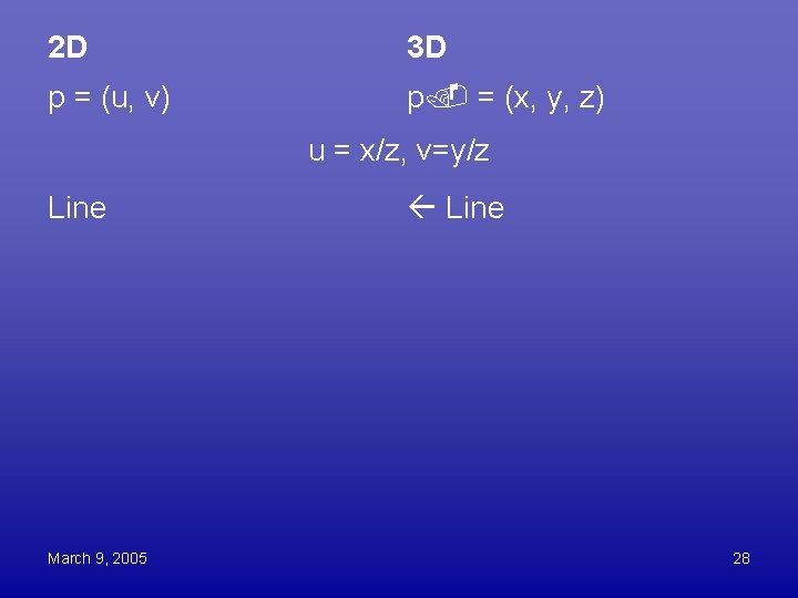 2 D 3 D p = (u, v) p = (x, y, z) u