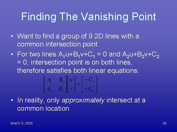 Finding The Vanishing Point • Want to find a group of 9 2 D