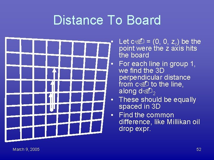 Distance To Board • Let c = (0, 0, zc) be the point were