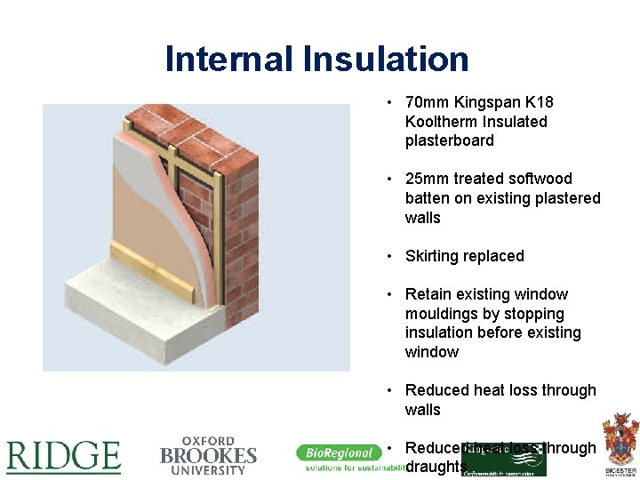 Internal Insulation • 70 mm Kingspan K 18 Kooltherm Insulated plasterboard • 25 mm