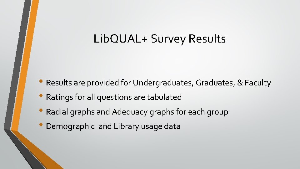 Lib. QUAL+ Survey Results • Results are provided for Undergraduates, Graduates, & Faculty •