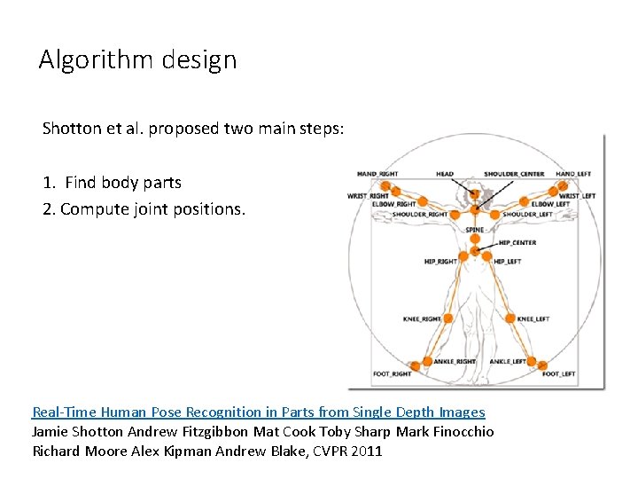 Algorithm design Shotton et al. proposed two main steps: 1. Find body parts 2.