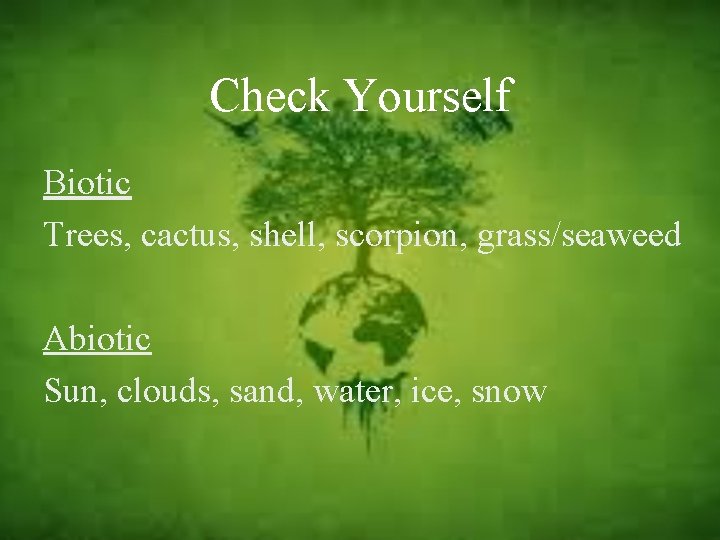 Check Yourself Biotic Trees, cactus, shell, scorpion, grass/seaweed Abiotic Sun, clouds, sand, water, ice,