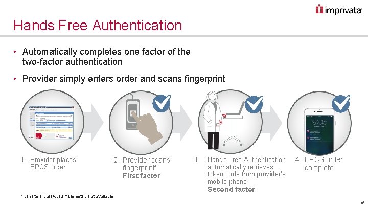 Hands Free Authentication • Automatically completes one factor of the two-factor authentication • Provider