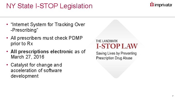 NY State I-STOP Legislation • “Internet System for Tracking Over -Prescribing” • All prescribers