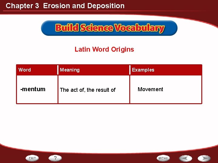 Chapter 3 Erosion and Deposition Latin Word Origins Word -mentum Meaning The act of,