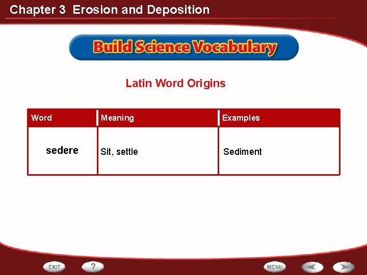 Chapter 3 Erosion and Deposition Latin Word Origins Word sedere Meaning Examples Sit, settle