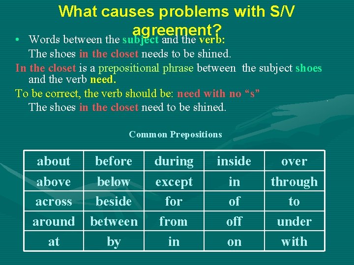  • What causes problems with S/V agreement? Words between the subject and the