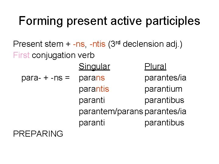 Forming present active participles Present stem + -ns, -ntis (3 rd declension adj. )