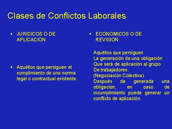 Clases de Conflictos Laborales § JURIDICOS O DE APLICACION § Aquéllos que persiguen el