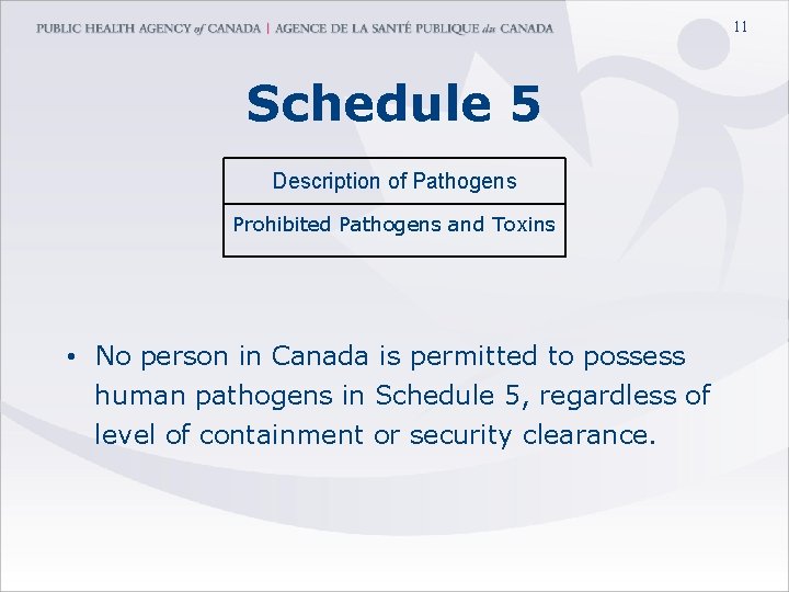 11 Schedule 5 Description of Pathogens Prohibited Pathogens and Toxins • No person in