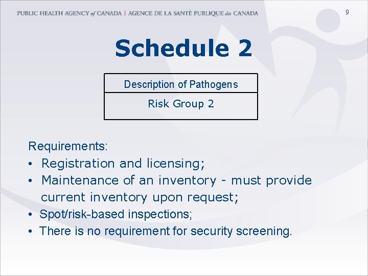 9 Schedule 2 Description of Pathogens Risk Group 2 Requirements: • Registration and licensing;